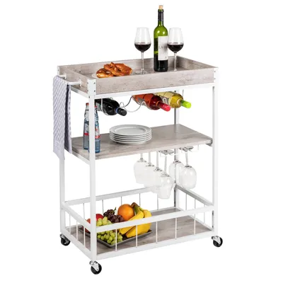 Zdjęcie produktu dla Wózek kuchenny RUSTICO, trójpoziomowy regał na kółkach z uchwytami na butelki i kieliszki - 80 x 89,5 x 40 cm, WENKO