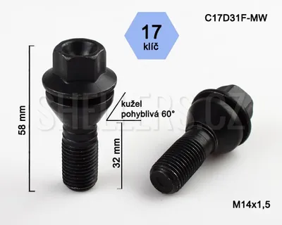 Obrázok produktu pre Skrutka kolesa M14x1,5x31 s pohyblivým kužeľom, čierna, kľúč 17, C17D31F-MW-BLACK, výška 58 mm