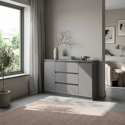 Produktbild von Masseno Kommode NUDO 120 cm Sideboard mit 3 Schubladen und 2 Türen für Wohnzimmer Schlafzimmer Modern 120x39x78,5 cm Anthrazit / Anthrazit