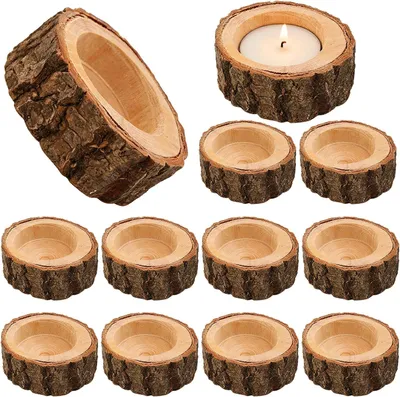 Productafbeelding van Waxinelichthouder Hout - Set van 12 - Houten Theelichthouder - Rond - Vintage - Tafeldecoratie