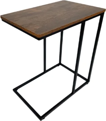 A small table with a wooden top and black metal legs, shown from a side angle against a white background.