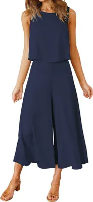 Produktbild von ASKSA Damen 2 Teiliges Outfit Sommer Ärmellos Rundhals Tank Top Weite Beinhose Freizeitanzug Zweiteiler, Dunkelblau, L