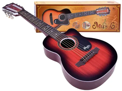 A six-string guitar and its packaging are displayed against a white background.