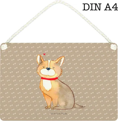Produktbild von Mr. & Mrs. Panda Schild Hund Glück DIN A4 - Hundeglück - Geschenk, kleine aufmerksamkeit, Sprüche, holzbild, Corgie, Spruch, hängeschild, Süß, Türschild, Herz