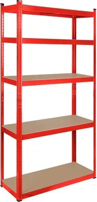 A red metal shelving unit with five brown shelves against a white background.