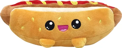 A plush toy hot dog with a cute face.