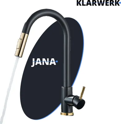 Produktbild von JANA | Premium Edelstahl ausziehbare Küchenarmatur Gold Schwarz | Mischbatterie hoher Bogen Hochdruck 360° drehbar 2 Anschlüsseen | Wasserhahn Gastro