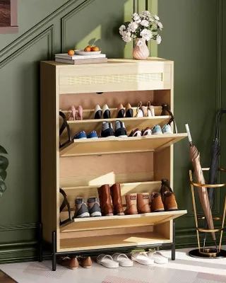 Imagen del producto de Armario para zapatos de 60x22xH104 cm, con 2 puertas abatibles y 1 cajón, de ratán, con estantes ajustables y espacio cerrado. Estantería estrecha para zapatos, armario alto para zapatos, ideal para pasillos, de madera