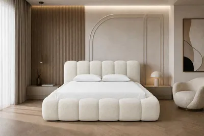 Produktbild von Sofello BUBI Polsterbett Bouclé Creme 140x200 mit Bettkasten Metall Lattenrost Luxus Design Bett