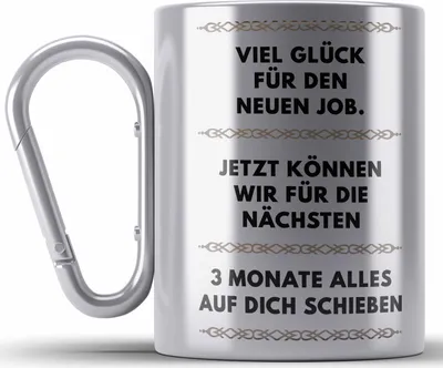 Produktbild von Trendation - Jobwechsel Edelstahl Tasse Karabiner Geschenk Kollegin Kollege Lustig Abschiedsgeschenk Sprüche - Viel Glück Für den Neuen Job (Silber)