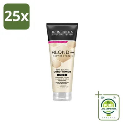 Imagen del producto de 25 unidades de acondicionador reparador para cabello rubio John Frieda Blonde+ Repair, formato de 250 ml, pack grande