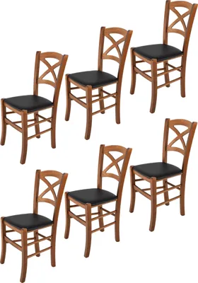 Produktbild von t m c s Tommychairs - 6er Set Stühle CROSS für Küche und Esszimmer, robuste Struktur aus lackiertem Buchenholz im Farbton Helles Nussbraun und gepolsterte Sitzfläche mit KUNSTLEDER in der Farbe Schwarz bezogen