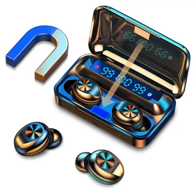 A pair of wireless earbuds and their charging case are displayed on a white background, with a horseshoe magnet nearby.