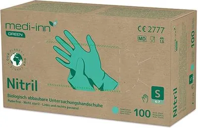 Produktbild von "Medi-Inn GREEN" Handschuhe, Nitril puderfrei grün Größe: S biologisch abbaubar