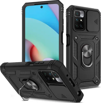 Produktbild von Redmi 10 Hülle, Schiebe Kamera Schutz Robust Schutzhülle mit Ringhalterung Ständer Kartenhalter für Xiaomi Redmi 10 Schwarz
