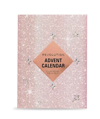 A pink advent calendar with glitter and star accents.