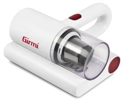 A white handheld vacuum cleaner with a transparent dustbin and a red power button, resting on its white charging base.