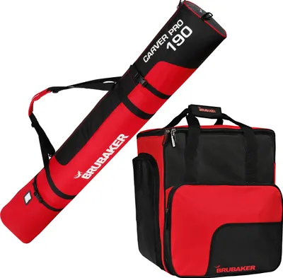 BRUBAKER Kombi Set - Skisack 190 cm und Skischuhtasche für 1 Paar Ski + Stöcke + Schuhe + Helm Schwarz Rot