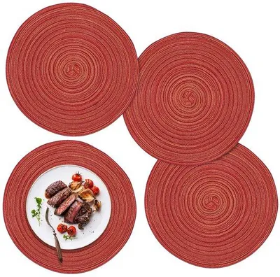 Imagen del producto de Ibenzoa® Juego de 4 individuales redondos trenzados, de 30 cm de diámetro – algodón/poliéster, resistentes al calor hasta 70°C, lavables, antideslizantes, estilo bohemio, color rojo
