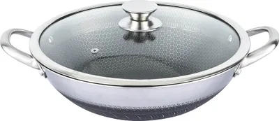 Produktbild von Wok Pfanne Kazan Kasan Edelstahl mit Glasdeckel Wabenstruktur Ø32cm Induktion Antihaft Kratzfest Rostfrei 5L