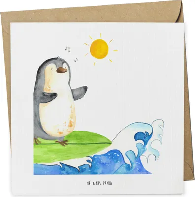 Produktbild von Mr. & Mrs. Panda doppelkarte Pinguin Surfer - Weiß - Geschenk, Optimistisch, Urlaub, Hawaii, anlasskarte, faltkarte, Portugal, Klappkarte, Glückwunschkarte, Motiviert