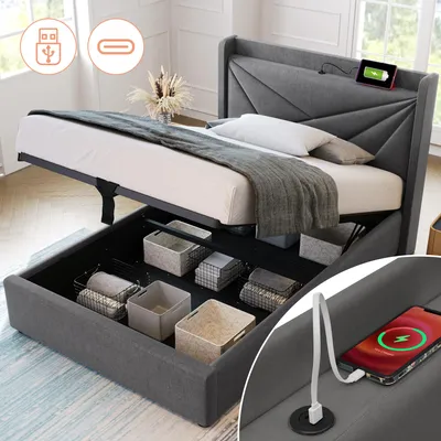 Image de MODFU Lit coffre 90 x 200 cm – 2 ports de charge USB – Gris