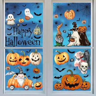 Image de Décorations d'Halloween pour fenêtres, autocollants adhésifs, 102 pièces, 8 feuilles, motifs : fantômes, citrouilles