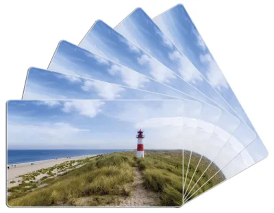 Produktbild von Wallario Frühstücksbrettchen 6er Set aus Glas, je 14 x 23 cm, mit rutschfesten Füßen, Motiv Am Strand von Sylt  Leuchtturm auf der Düne  Panorama