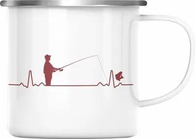 Produktbild von Trendation - Angler Emaille Tasse Geschenk Männer Grafik Herzschlag Lustig für Fischer Geschenkidee Angeln Fischen (Silber)