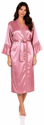 Produktbild von Damen Satin Morgenmantel Kimono mit Spitze Seidenoptik Hausmantel Altrosa L/40