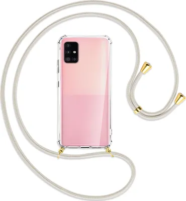 Produktbild von Handykette Backcover-Schutzhülle mit Band (Metall goldfarben) für Samsung Galaxy A51 5G (A516) - broken white