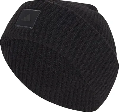 A black Adidas beanie is shown from a diagonal angle against a white background.