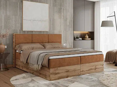 Produktbild von Boxspringbett, Doppelbett mit bettkasten und Multipocket-Matratze, Polsterbett mit Kopfteil, Eiche Holzrahmen - Albero-2 - 200x200cm - Orange Struktur - H4