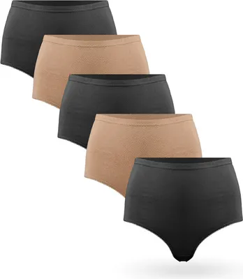 Produktbild von Damen Basic Taillenslip "schwarz / beige" 5er Pack. 100% Baumwolle Hohe Taille 56-58  Hüftslip hoher Tragekomfort Panty Mehrpack Maxislip