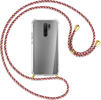 Produktbild von Handykette Backcover-Schutzhülle mit Band (Metall goldfarben) für Xiaomi Redmi 9 - weinrot/gelb/grau