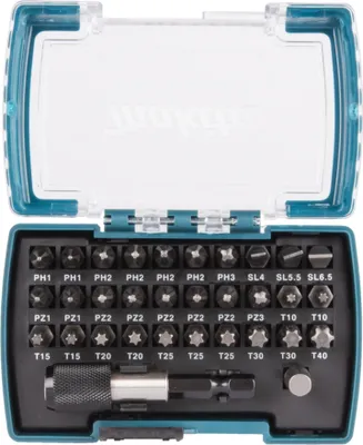 A set of screwdriver bits in a teal and clear plastic case.