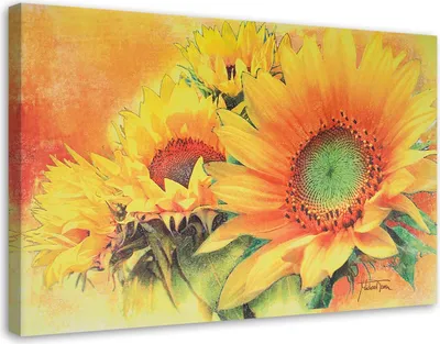 Produktbild von Leinwandbild sonnenblumen handgemalt 90x60 cm Feeby gelb wandbild bereit zum aufhängen