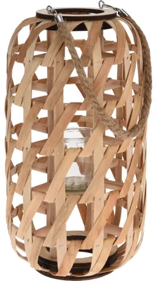 Produktbild von Holzlaterne, minimalistisches Geflecht und Seilgriff