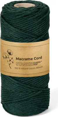 Produktbild von STANKE Makramee Garn 3mm 100 m Farbe Grün - Baumwollgarn für Boho-DIY, Körbchen, Traumfänger - Baumwollkordel für Girlanden, Untersetzer, Taschen - 100% Baumwolle, gedreht, weich, große Rolle