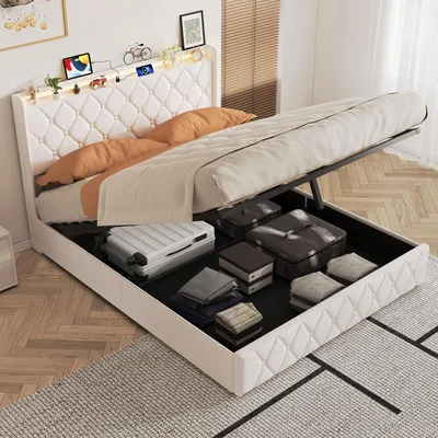 Produktbild von ProximaX Doppelbett 160x200 cm beige Samt mit LED, USB-C und hydraulischem Stauraum