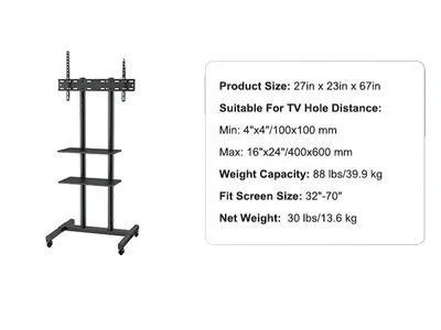 Immagine prodotto di Supporto TV mobile, regolabile in altezza, con rotelle, 32-70 pollici