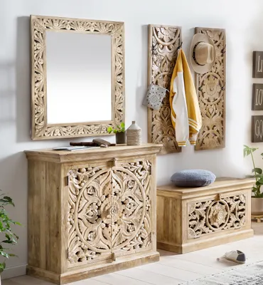 Produktbild von SIT Möbel 5-tlg. Dielen-Set | Mango-Holz natur | 1 Kommode, 1 Spiegel, 1 Schuhschrank, 2 Garderobenpaneele | B 90 x T 40 x H 90 cm | 18001-23 | Serie LAKADEE