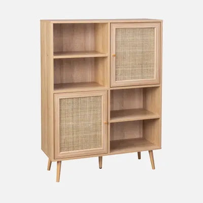 A light wood-colored cabinet with rattan inserts on the doors, set against a light gray background.