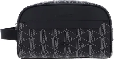A black toiletry bag with a geometric pattern and a handle.