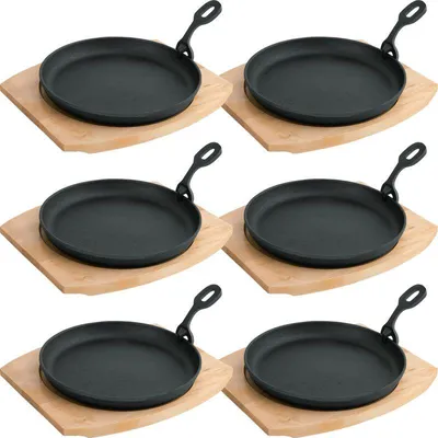 Produktbild von 6x WAS Germany Servierpfanne mit Holzuntersetzer und abnehmbarem Serviergriff Ø 22 cm Gusseisen