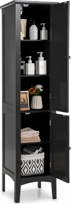 A tall, black cabinet with two doors open, displaying various items on its shelves.