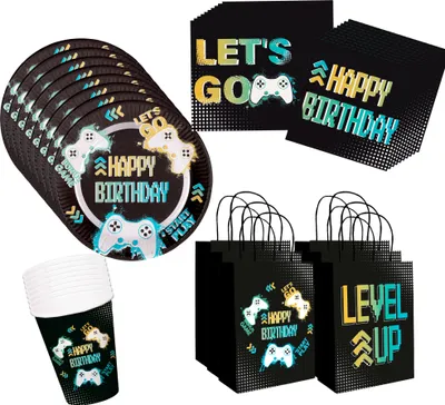 Produktbild von Partygeschirr Level Up, Geburtstags Deko Set, Kindergeburtstag Jungen, Teller Becher Servietten Geschenktüte