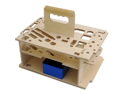 A wooden tool organizer with a blue box inside, shown on a white background.