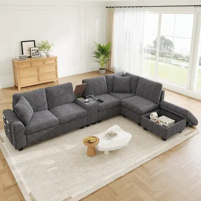 Produktbild von MODFU XXL Modulsofa 6-Sitzer 311×139×85 cm, Ecksofa U-Form Relaxsofa mit Stauraum, USB/Type-C-Anschluss und Taschenfederkern-Sitz, Cord Sofa, Grau