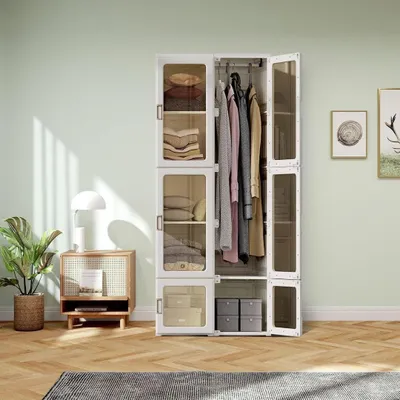 Obrázok produktu pre Organizér do šatníka – úložná skrinka – komoda – skrinka s dvierkami – skrinka s priehľadnými dvierkami – 6 priehradiek – vešiak na oblečenie